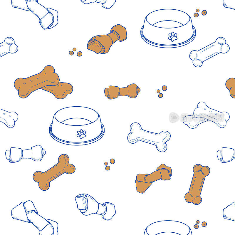 矢量插图的狗饼干和Raw Hide Bones集合。无缝模式